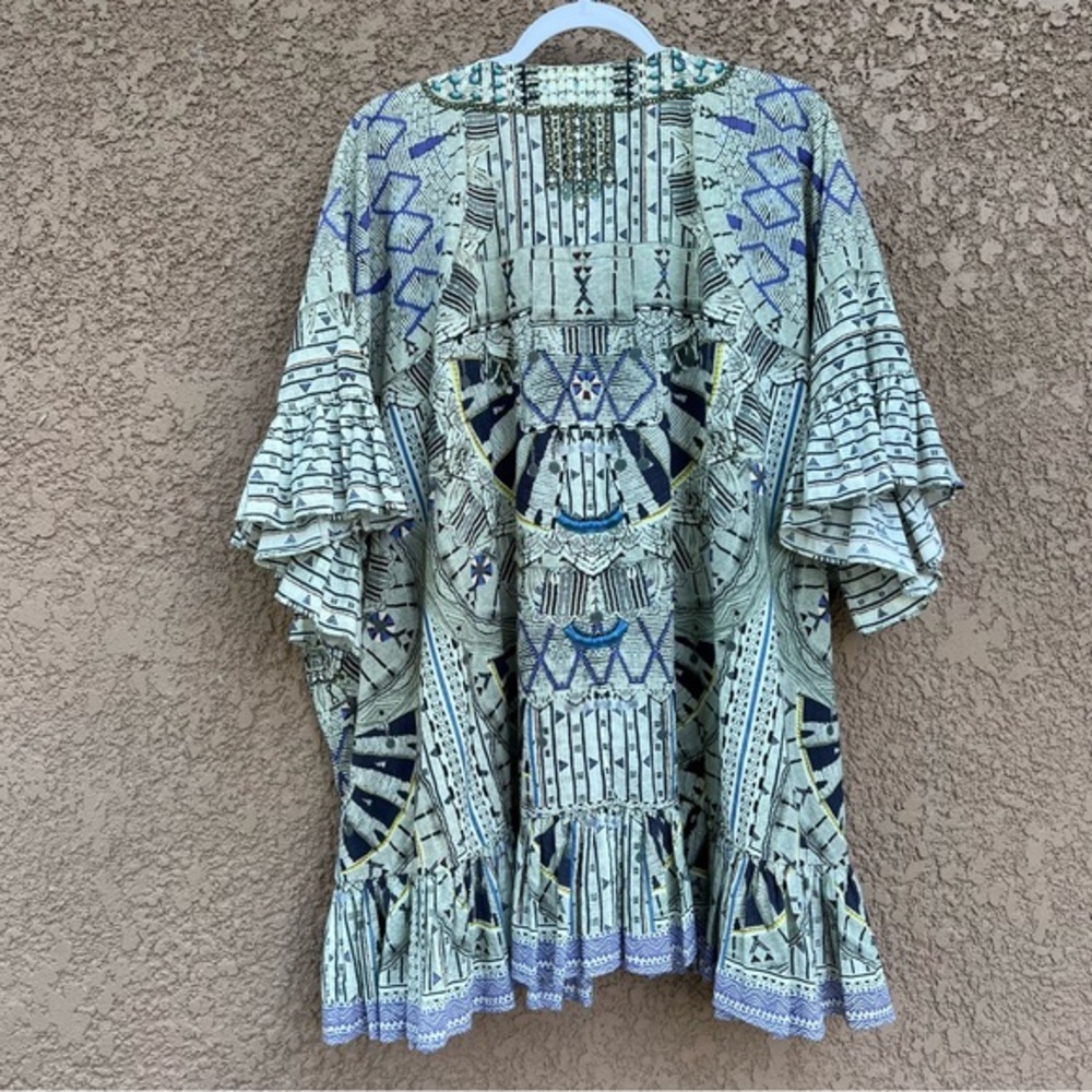 Camilla Cream Blue Patterned Boho Luxe Top Women’s XS‎ Resort Artsy Glam Chic